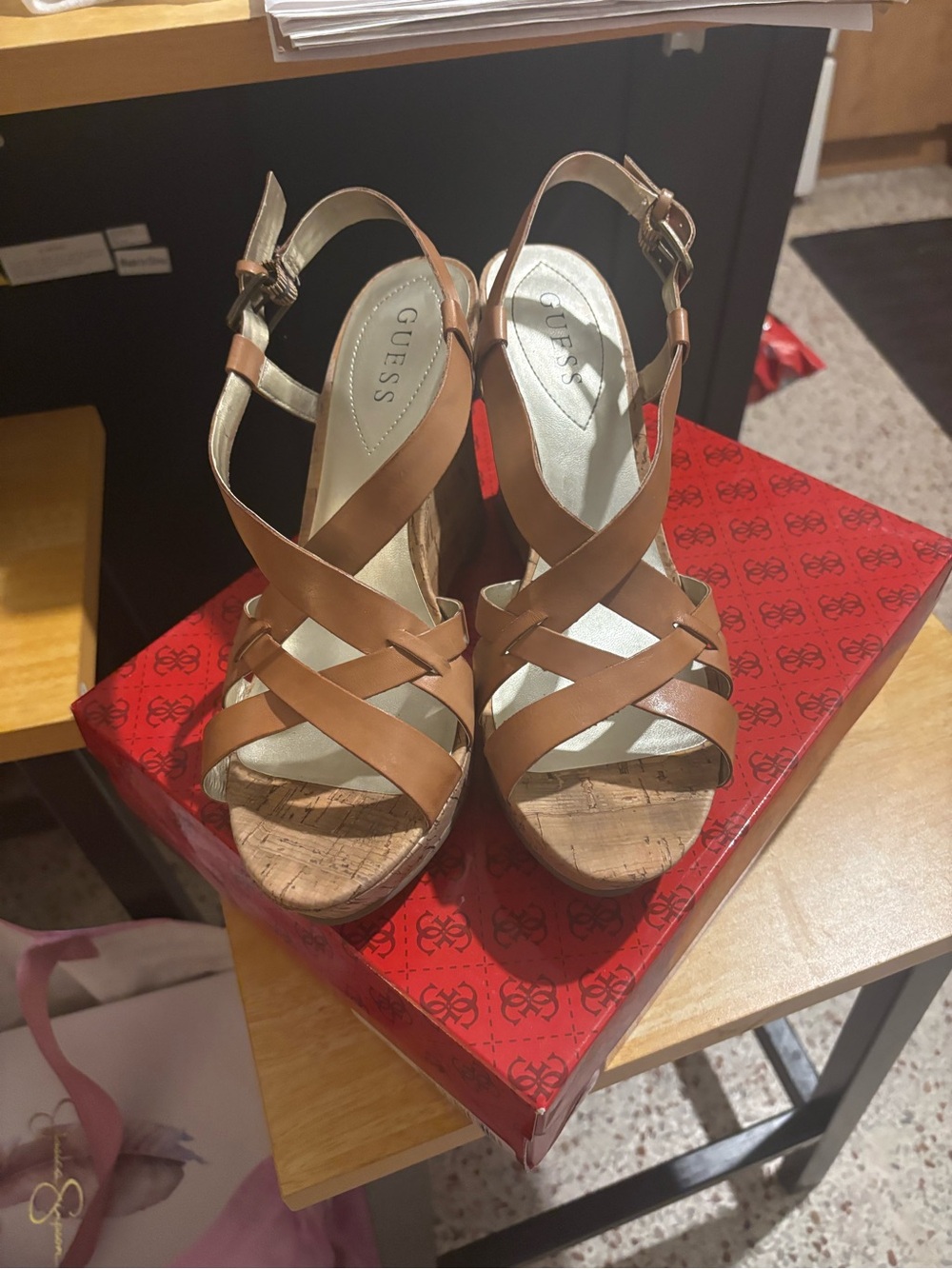 GUESS Tan Leather Wedge Sandals - Women's Strappy Cork Platform 9.5